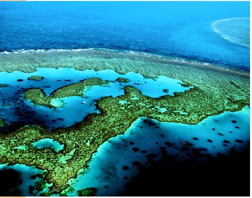 An aerial view of the Great Barrier Reef, between Cairns and Townsville, Australia.