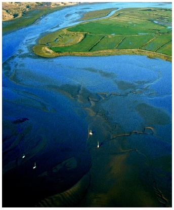 An aerial view of the sandy Ravenglass Estuary in Cumbria, England.